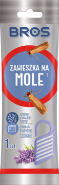 BROS Zawieszka na mole odzieżowe o zapachu lawendy, srebrne opakowanie z wizerunkiem moli i fioletowym wieszakiem.