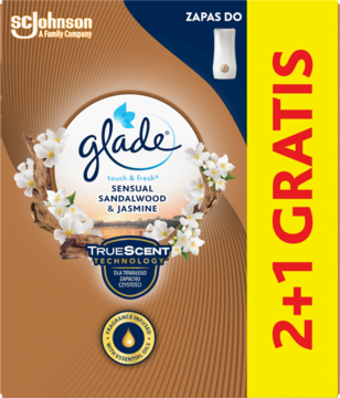 Glade Sensual Sandalwood & Jasmine mini spray zapas, brązowe opakowanie z kwiatami jaśminu, 2+1 gratis.
