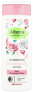 Alterra Rosenglück BIO-ROSE żel pod prysznic w białej butelce z różową zakrętką i grafiką róż, widok z przodu.
