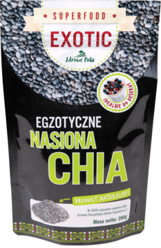 Czarne, matowe opakowanie Zdrowe Pola z superfood egzotycznymi nasionami chia, przód.
