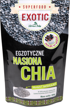 Czarne, matowe opakowanie Zdrowe Pola z superfood egzotycznymi nasionami chia, przód.