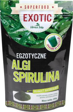 Czarna torebka Exotic Zdrowe Pola Algi Spirulina 200g, widok z przodu, z zieloną grafiką alg.
