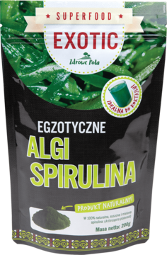 Czarna torebka Exotic Zdrowe Pola Algi Spirulina 200g, widok z przodu, z zieloną grafiką alg.