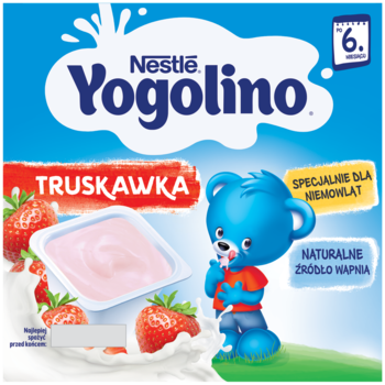 Niebieskie opakowanie Nestle Yogolino, truskawkowy deserek mleczno-owocowy dla niemowląt 6m+. Naturalne źródło wapnia.