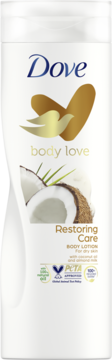 Dove Body Love Restoring Care body lotion, white bottle, gold logo, coconut illustration, for dry skin.