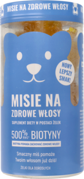 Niebieski pojemnik żelków Misie na zdrowe włosy z rysunkiem misia, widok z przodu. Zawiera 500% biotyny.