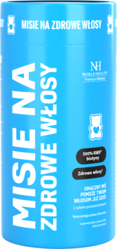 Niebieskie żelki Noble Health Misie na Zdrowe Włosy z biotyną i sokiem pomarańczowym, widok z przodu.