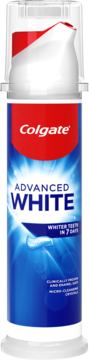 Colgate Advanced White pasta do zębów w niebieskiej butelce z białą pompą, obietnica bielszych zębów w 7 dni.
