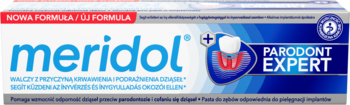 Meridol Parodont Expert pasta do zębów na paradontozę, niebiesko-białe opakowanie, z przodu logo i ząb.
