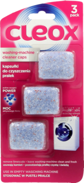 Cleox 3-pack washing machine cleaner capsules in pink packaging, front view, showing three blue speckled tabs for descaling.