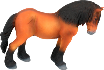 Figurka konia: mocny kucyk o rudobrązowym umaszczeniu, z czarną grzywą i ogonem, widok z boku.