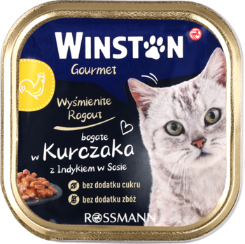 Kwadratowa tacka Winston Gourmet karma dla kotów, kurczak z indykiem w sosie, bez cukru i zbóż, widok z przodu.