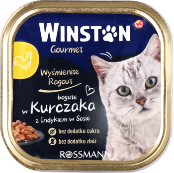 Kwadratowa tacka Winston Gourmet karma dla kotów, kurczak z indykiem w sosie, bez cukru i zbóż, widok z przodu.