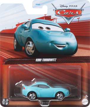 Zabawka Mattel Auta Pixar: turkusowy samochodzik Kori Turbowitz w blistrze, widok opakowania z postacią.