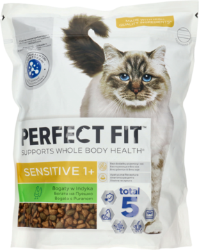 Biała stojąca torba karmy Perfect Fit Sensitive dla kotów, z wizerunkiem kota i okienkiem z granulatem.