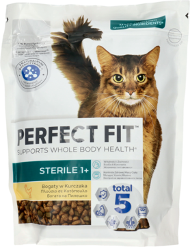 Perfect Fit Sterile 1+ sucha karma z kurczakiem dla kotów, biała torba z rudym kotem, widok z przodu.