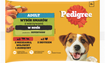 Pedigree Adult karma mokra z warzywami i Superfoods, przód opakowania z psem, wołowiną, jagnięciną i indykiem.
