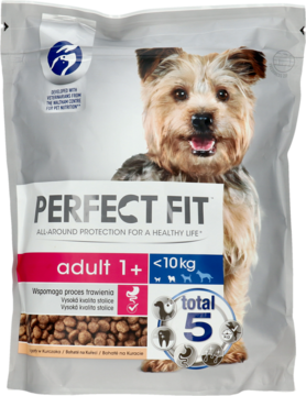 Perfect Fit Adult 1+ karma dla psów do 10kg, biała torba z wizerunkiem yorka i nazwą, widok z przodu.