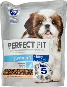 Perfect Fit Junior karma dla szczeniąt do 10 kg, biała torba z uroczym psem, widok z przodu.