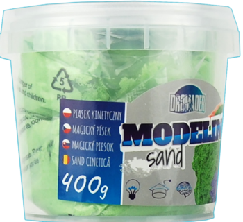 Zielony piasek kinetyczny Modelin 400g w przezroczystym wiaderku, etykieta z napisem 'sand', widok z przodu.