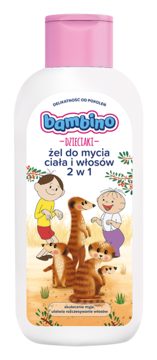 Bambino Dzieciaki żel 2w1, biała butelka z różową nakrętką, z przodu Bolek i Lolek z surykatkami.