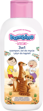 Bambino Dzieciaki 3w1 szampon z bananami, biała butelka 400ml, etykieta z surykatkami i dziećmi.