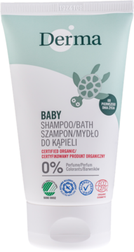 Biało-zielony szampon/mydło Derma Eco Baby, certyfikowany organiczny, bez perfum, widok tuby z przodu.