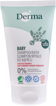 Biało-zielony szampon/mydło Derma Eco Baby, certyfikowany organiczny, bez perfum, widok tuby z przodu.