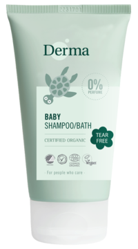 Jasnozielona tuba Derma Baby Szampon/Mydło do kąpieli z żółwiem, 0% perfum, organiczne. Widok z przodu.