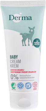 Biała tubka Derma Eco Baby Krem Pielęgnacyjny z zielonym jeleniem, organiczny, bezzapachowy, widok z przodu.