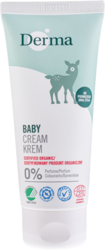 Biała tubka Derma Eco Baby Krem Pielęgnacyjny z zielonym jeleniem, organiczny, bezzapachowy, widok z przodu.