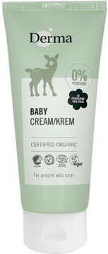 Derma Eco Baby Krem, organiczny w jasnozielonej tubce. Widok z przodu, z jelonkiem i 0% perfum.