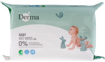 Opakowanie Derma Eco Baby Hipoalergicznych Chusteczek Nawilżanych, zielone, z grafiką niemowlęcia, widok z przodu.