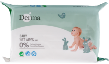 Opakowanie Derma Eco Baby Hipoalergicznych Chusteczek Nawilżanych, zielone, z grafiką niemowlęcia, widok z przodu.