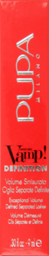 Czerwone, prostokątne opakowanie tuszu Pupa Vamp! Definition dla wyjątkowej objętości rzęs, widok z przodu.