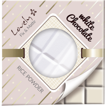 Kwadratowe opakowanie pudru ryżowego Lovely Fix & Matte White Chocolate, beżowe ze złotymi akcentami i białym wkładem.
