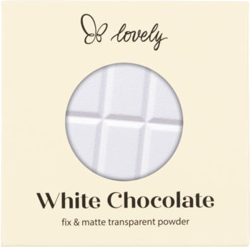Puder ryżowy Lovely Fix & Matte White Chocolate w beżowym pudełku. Widoczny biały puder z fakturą czekolady.