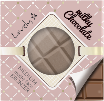 Lovely Milky Chocolate, matowy bronzer w różowym opakowaniu z wzorem czekolady, odgięty róg, widok z góry.