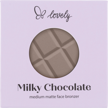 Matowy bronzer do twarzy Lovely Milky Chocolate, średni odcień, w jasnofioletowym opakowaniu z czekoladowym wzorem.