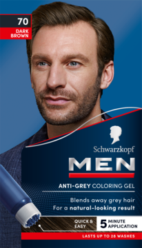 Schwarzkopf Men Anti-Grey Coloring Gel 70 Dark Brown, front opakowania z modelem, szybkie krycie siwych włosów.