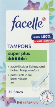 Facelle Tampony Super Plus 32 sztuki, biało-zielone pudełko z kwiatami, widok z przodu, 100% ochrona.