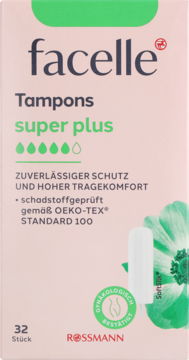 Różowo-zielone opakowanie tamponów Facelle super plus, 32 sztuki, z kwiatem i napisem OEKO-TEX, widok z przodu.