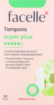Tampony Facelle Super Plus, 32 sztuki, w biało-różowym opakowaniu z zieloną górą, Soft Silk, przebadane ginekologicznie.