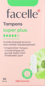 Opakowanie tamponów facelle Super Plus 32 sztuki, różowo-zielone, z widocznym tamponem i grafiką kwiatów.