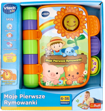 Interaktywna książeczka Vtech Baby Moje Pierwsze Rymowanki w niebieskim opakowaniu, z barwnymi zwierzętami.