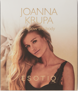 Damska woda perfumowana Esotiq Joanna Krupa #follow the body, jasne opakowanie z portretem modelki, widok z przodu.