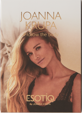 Damska woda perfumowana Esotiq Joanna Krupa #follow the body. Beżowe pudełko z portretem celebrytki.