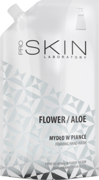 Biała saszetka Pro Skin Laboratory, mydło w piance Flower/Aloe, z szarym geometrycznym wzorem, widok z przodu.