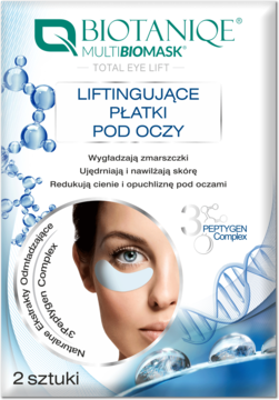 Biotaniqe Total Eye Lift, liftingujące płatki pod oczy. Opakowanie biało-niebieskie z kobietą, 3% Peptygen Complex.