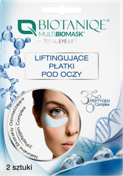 Biotaniqe Multi BioMask Total Eye Lift, liftingujące płatki pod oczy, 2 sztuki, biało-niebieska saszetka, widok z przodu.